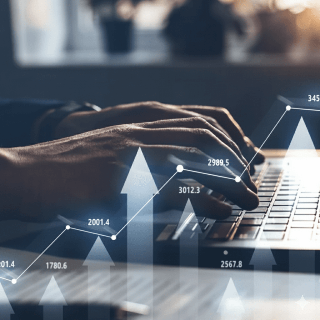 A person's hands on a futuristic/glowing keyboard with charts in the background.