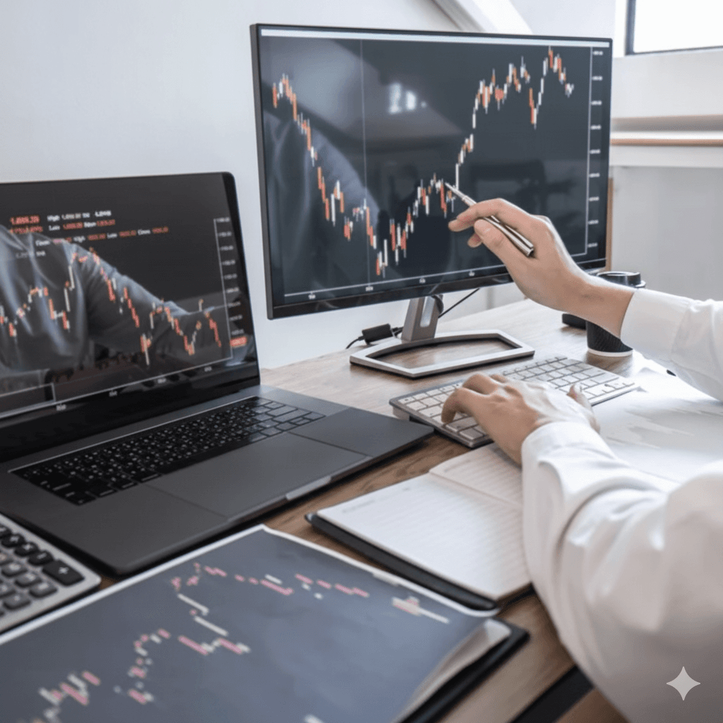 A person at a desk with multiple screens showing trading charts.