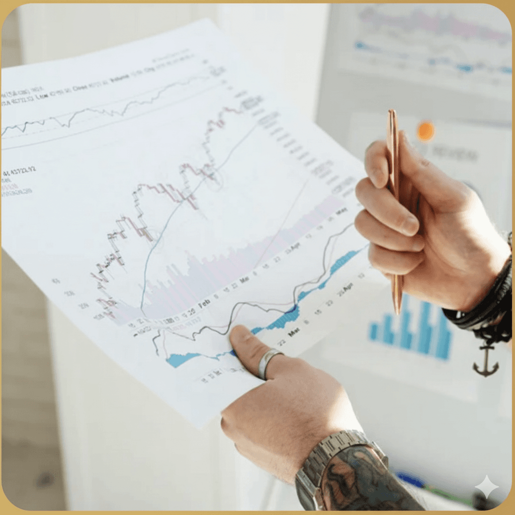 A person analyzing charts and data on paper.